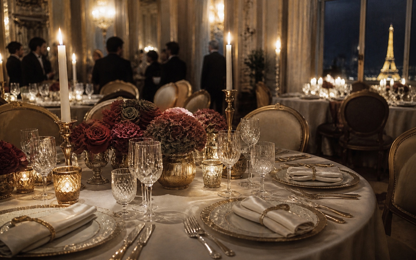 Table de gala élégante aux chandelles avec service doré et lumière champagne.