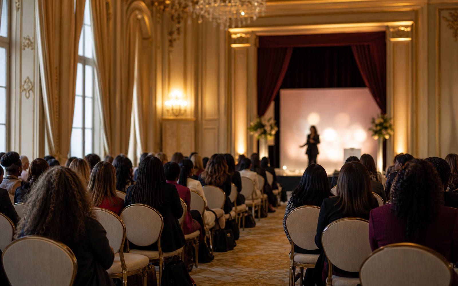 Salle de conférence élégante avec public assistant à une intervention sur scène.